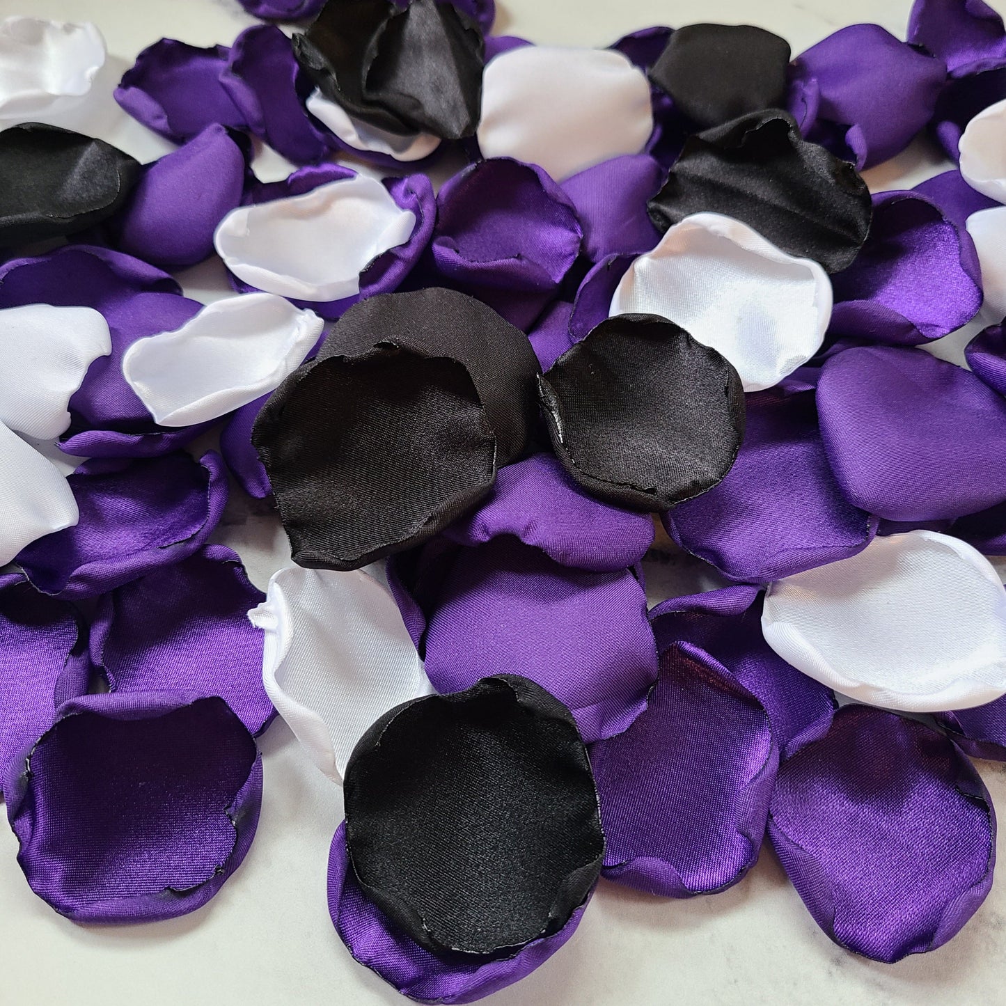 Dark Purple, white & black rose petals, table confetti, flower girl petals for tossing, bridesmaid box, gothic wedding decorations, goth bachelorette, Halloween party decor, table centerpieces