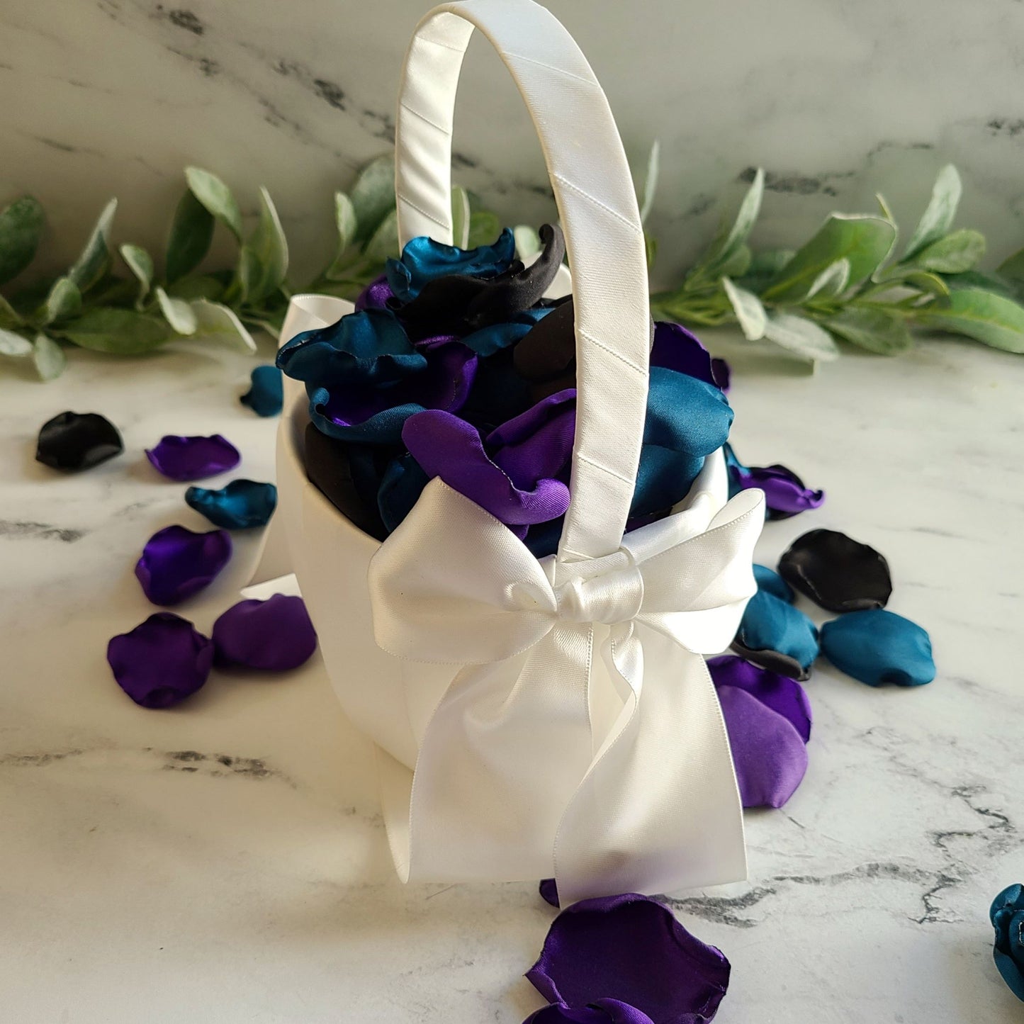 Purple Teal Black Rose petals in white flower girl basket, Gothic Wedding Decor, Bride or Die Bridal shower decor, spooky table confetti, halloween party decor confetti, bridesmaids box, fall wedding aisle decor,
