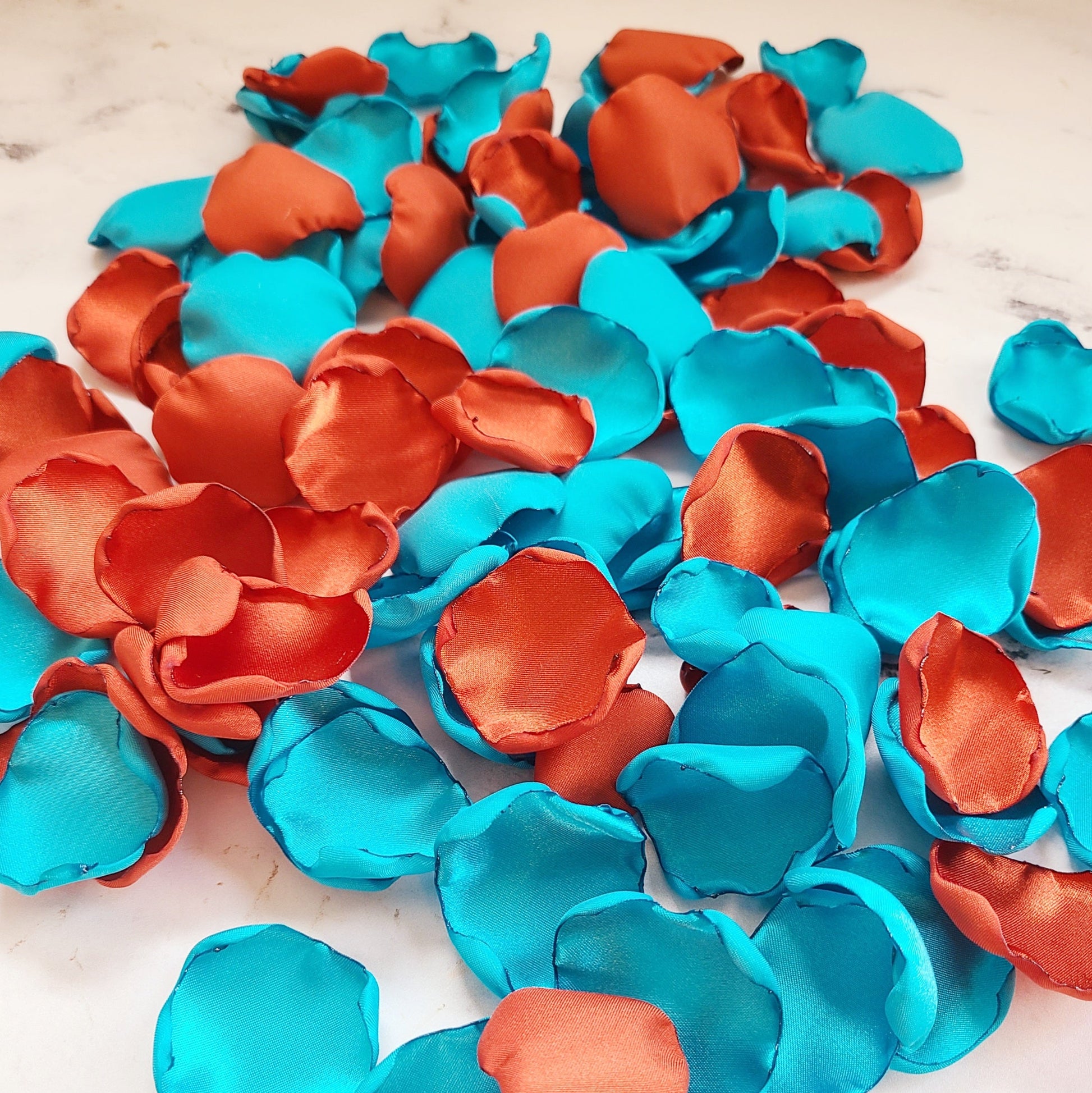 Burnt orange and light teal flower girl petals, Rust and Teal western fall wedding decor rose petals , flower girl petals for a fall wedding aisle, table confetti, She Said Yes Bridal brunch decorations, Rustic engagement proposal props