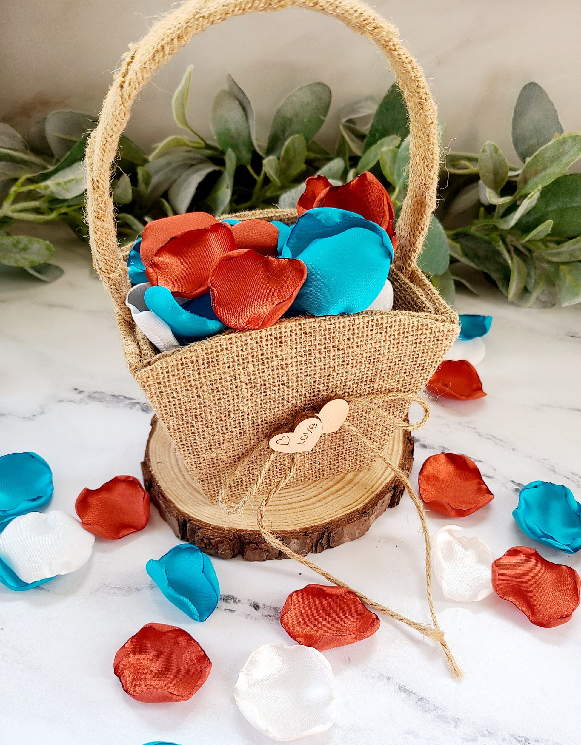Rust and Teal western fall wedding decor rose petals , flower girl petals for a fall wedding aisle, table confetti, She Said Yes Bridal brunch decorations, Rustic engagement proposal props