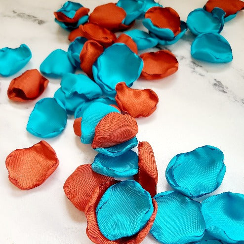 Rust and Teal Rose Petals for wedding decor and flower girl baskets, Rust and Teal western fall wedding decor rose petals , flower girl petals for a fall wedding aisle, table confetti, She Said Yes Bridal brunch decorations, Rustic engagement proposal props