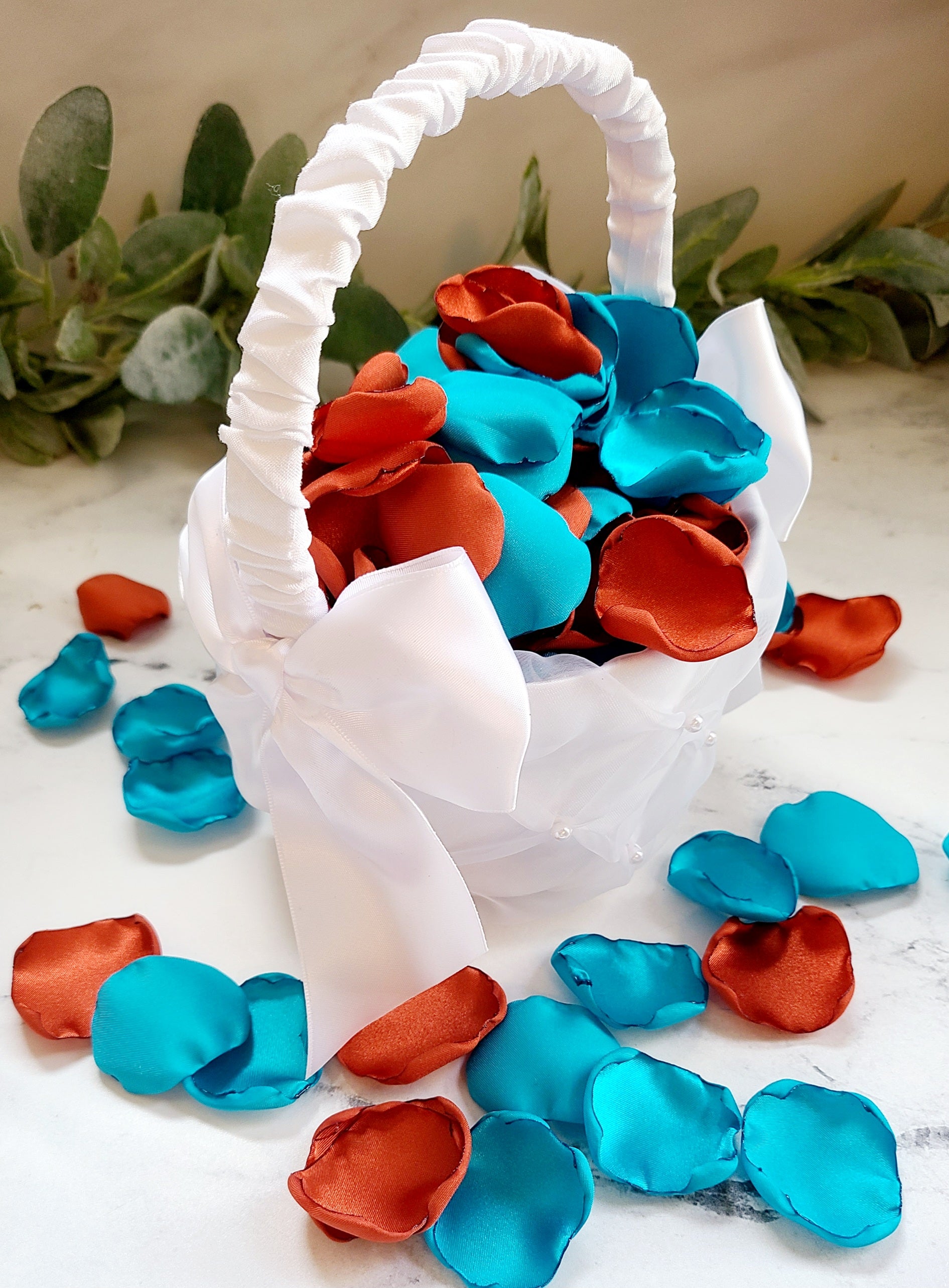 Teal and Malibu flower girl petals in white flower girl basket, Rust and Teal western fall wedding decor rose petals , flower girl petals for a fall wedding aisle, table confetti, She Said Yes Bridal brunch decorations, Rustic engagement proposal props