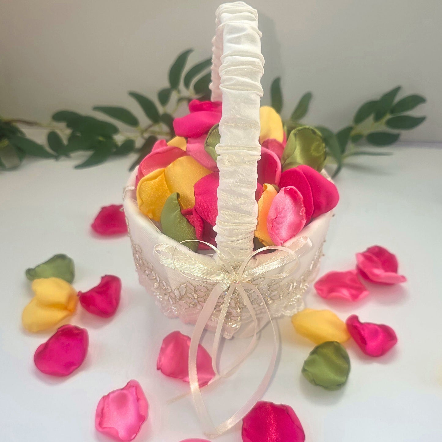 Hot Pink, Fuchsia, yellow, pink and Matcha green rose petals for flower girl toss, baskets. Use for confetti scatter, wedding aisle decor, reception tablescape decor accents, photo shoot props, Whimsical Color ideas for a future bride.