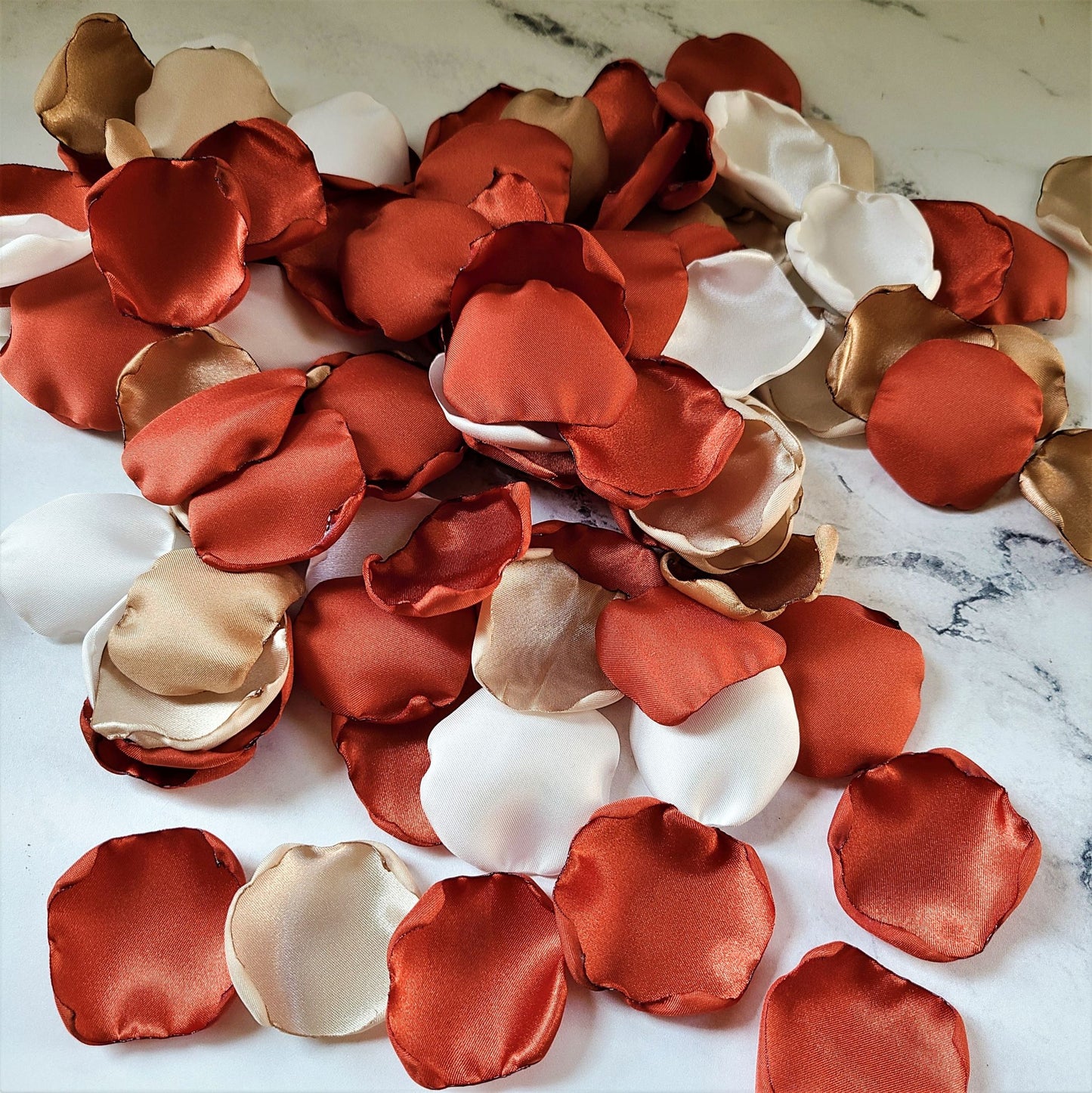Burnt Orange and Rust Rose Petals for Fall Wedding Decor, Beige and Ivory Flower Petals, Rust and Burnt Orange Rose Petals in White Flower Girl Basket. She Said Yes! Wedding Decor, Flower Girl Petals, table confetti, Ivory flower girl basket, petal patrol box, rustic, western wedding deocrations, We Do BBQ