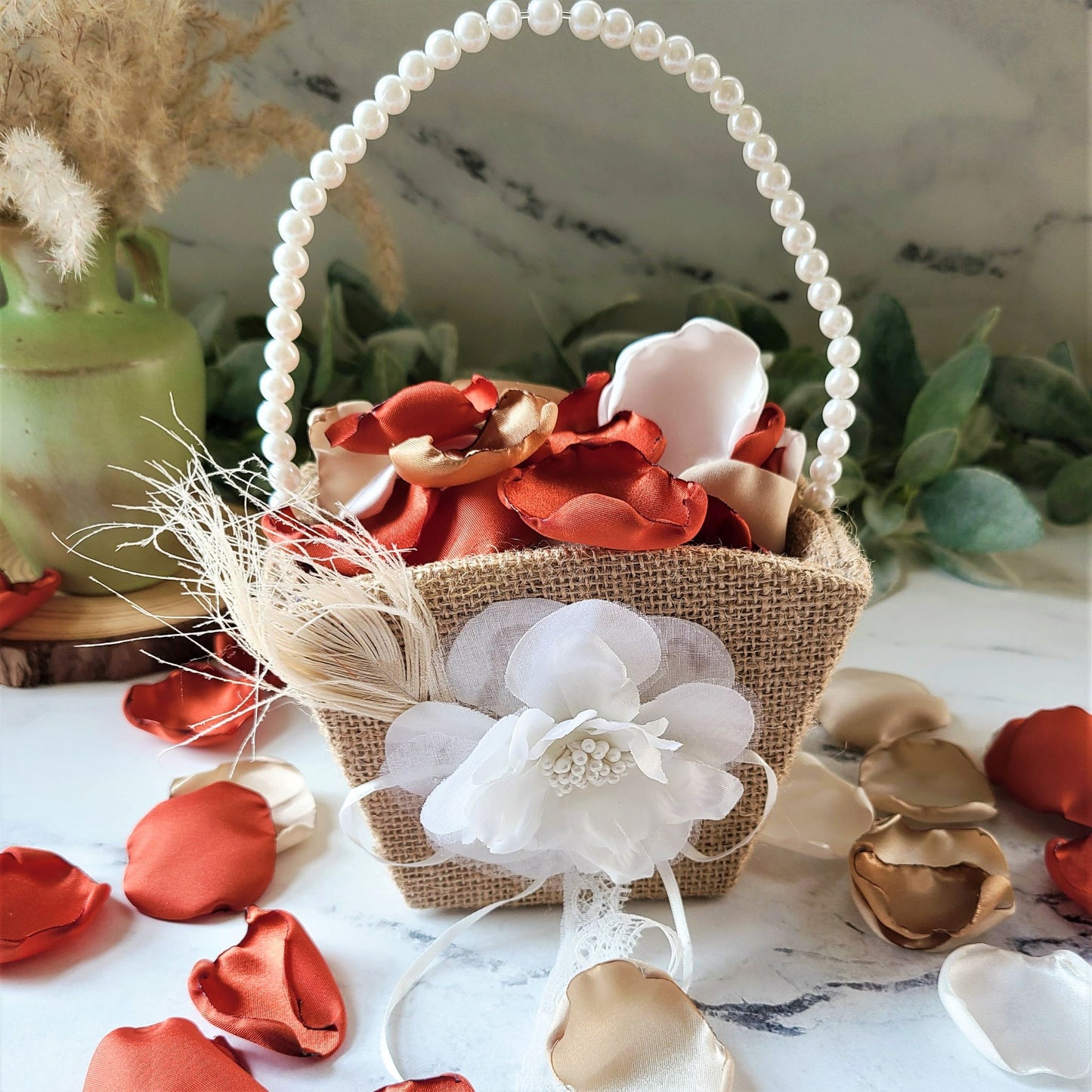 Rustic Burlap Flower Girl basket with Burnt Orange, Terracotta beige and ivory Rose petals, Rust and Burnt Orange Rose Petals in White Flower Girl Basket. She Said Yes! Wedding Decor, Flower Girl Petals, table confetti, Ivory flower girl basket, petal patrol box, rustic, western wedding deocrations, We Do BBQ