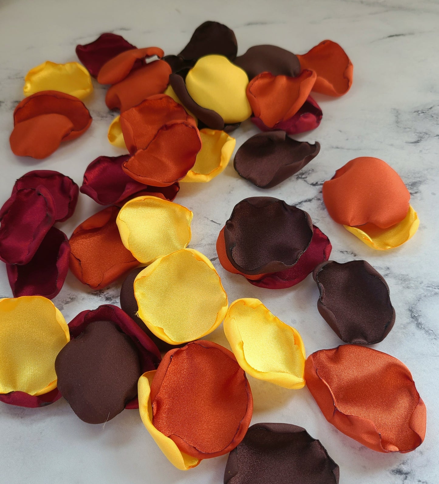 Brown, yellow, burgundy burnt orange rose petals for Western fall wedding decor. Sunflower Wedding decorations, flower girl petals for aisle decor, custom wedding confetti,