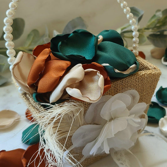 Western Flower Girl Basket with Terracotta and Emerald Green Rose Petals, Emerald Beige Ivory & Terracotta Rose Petals for Fall Wedding Decor, Flower Girl Petals for Western, Boho Aisle Decor, Table Confetti, Saddlin up Settlin down bachorlette party, Future Mrs