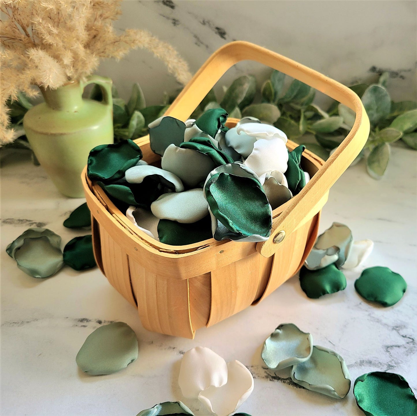 Rustic Flower Girl Basket with Emerald Green, Ivory and Dusty sage rose petals, Emerald, Ivory, Dusty Sage Green Rose Petals for Fall Wedding Decor, flower girl petals for boho aisle decorations, western wedding ideas, bridesmaid box, will you be my flower girl proposal, engagement background, table confetti