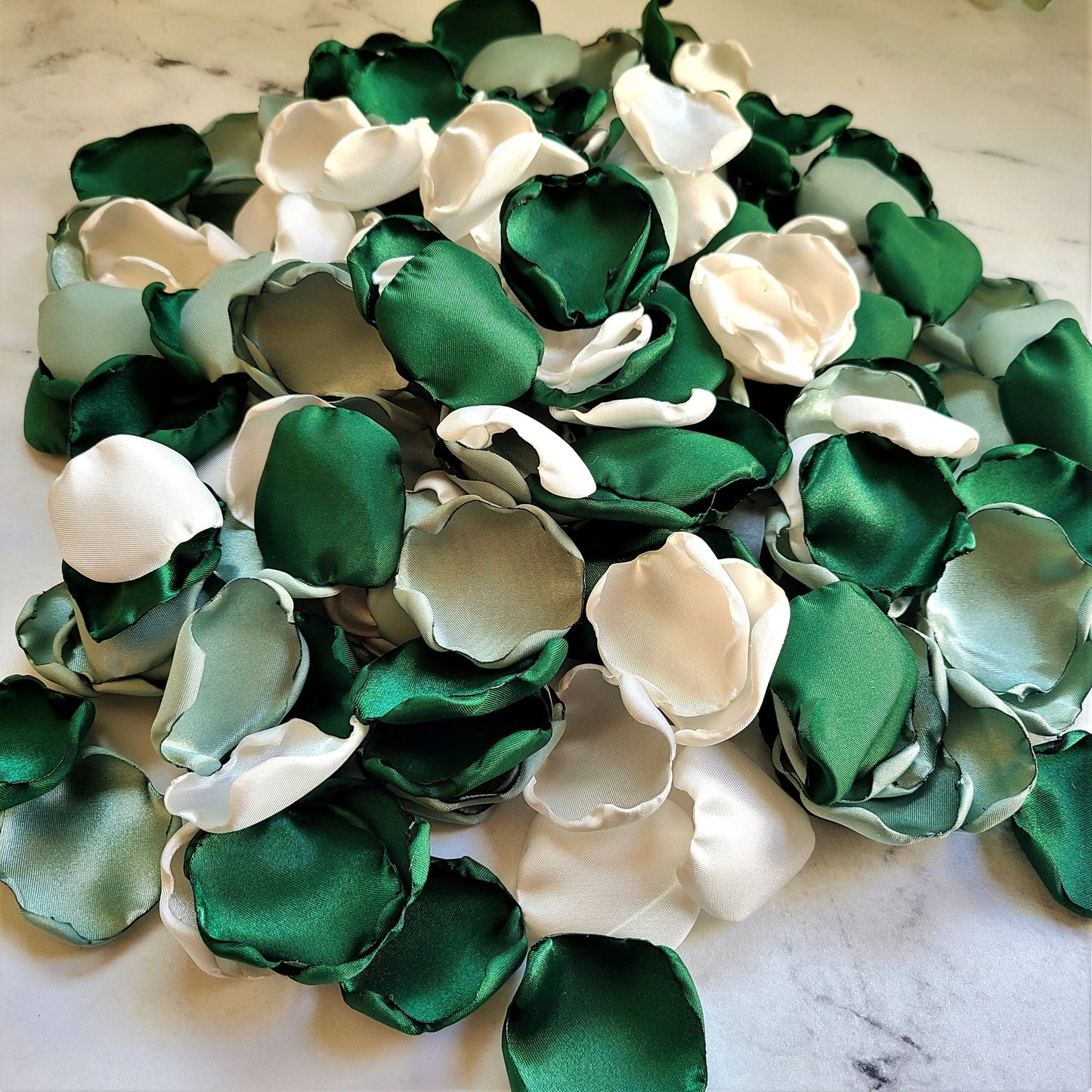 Emerald, Ivory, Dusty Sage Green Rose Petals for Fall Wedding Decor, flower girl petals for boho aisle decorations, western wedding ideas, bridesmaid box, will you be my flower girl proposal, engagement background, table confetti