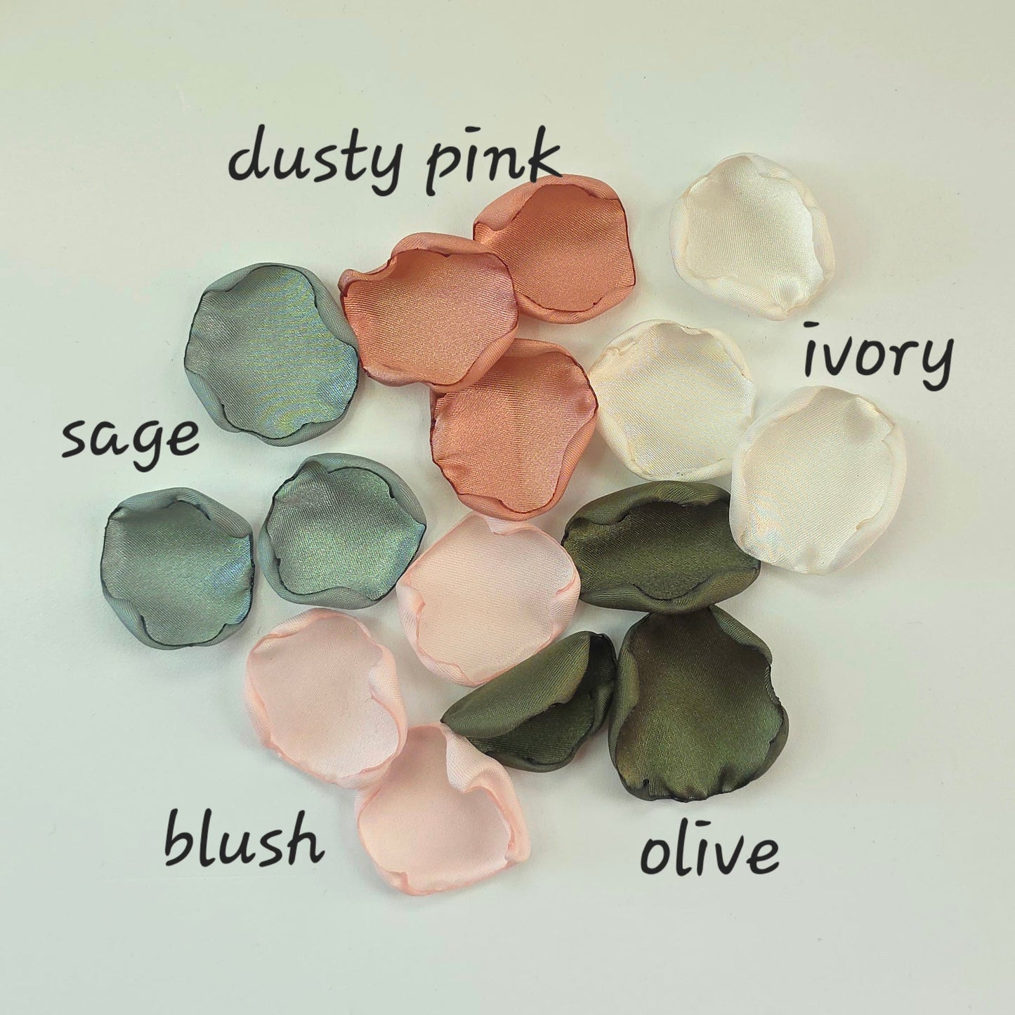 Olive Sage Beige Pink Rose petals for flower girl toss, aisle decor. Future bride ideas for tablescape confetti accents, photo props, Wedding Color Palette scheme