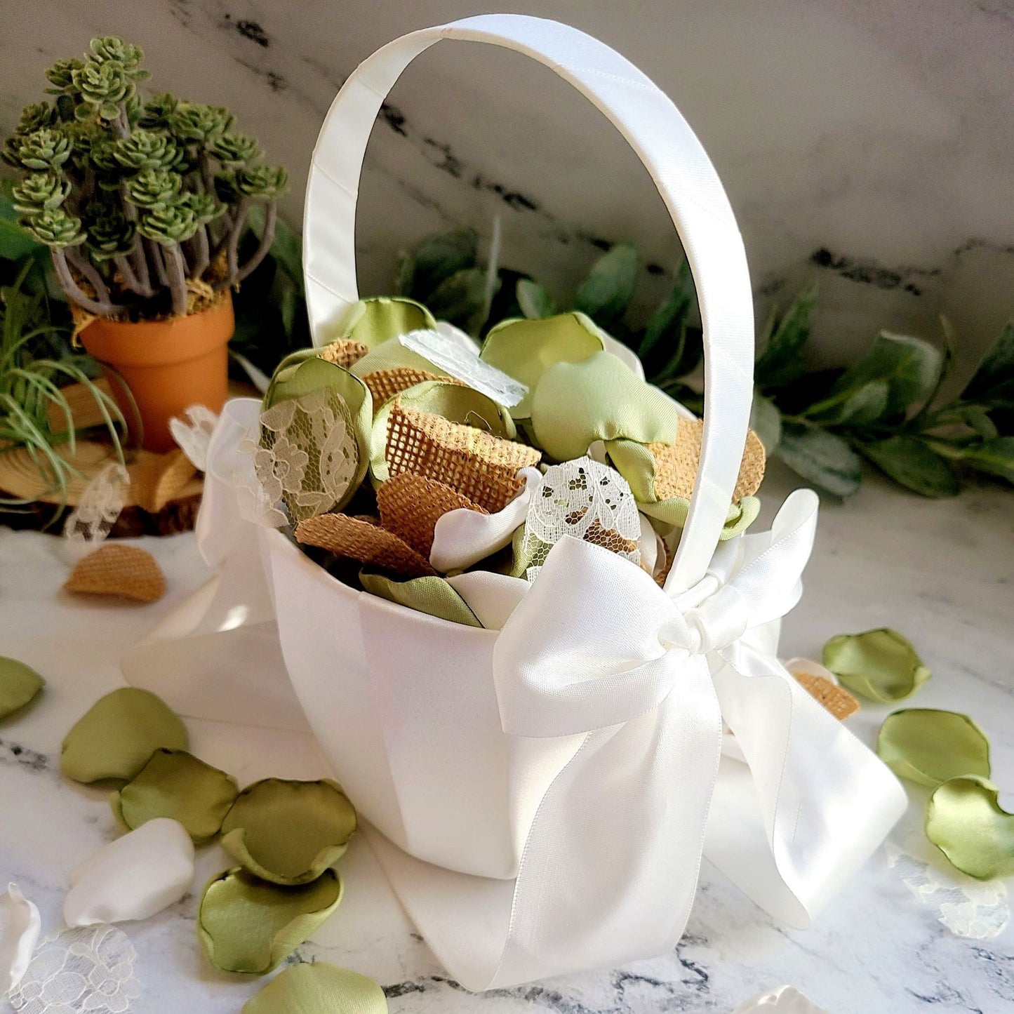 Sage green, ivory burlap and lace rose petals in a white flower girl basket, for a rustic wedding theme. Flower girl petals for tossing, confetti scatter, wedding aisle decor, sunflower wedding ideas