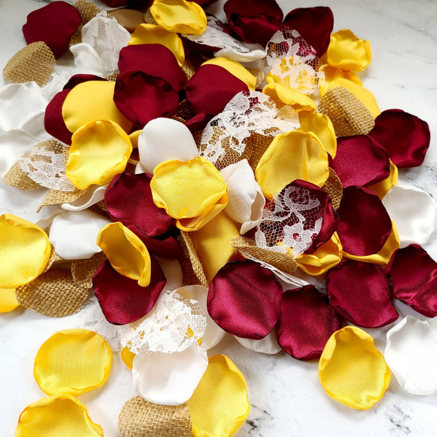 Burgundy, Lace, Burlap & Yellow Rose Petals for Sunflower Wedding Decor, Rustic Western Wedding Table Confetti, Fall wedding aisle decorations, Petals for flower girl baskets, petal patrol box, engagement props