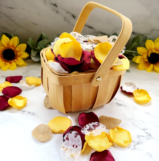 Burgundy, Lace, Burlap & Yellow Rose Petals for Sunflower Wedding Decor, Rustic Western Wedding Table Confetti, Fall wedding aisle decorations, Petals for Boho flower girl baskets, petal patrol box, engagement props