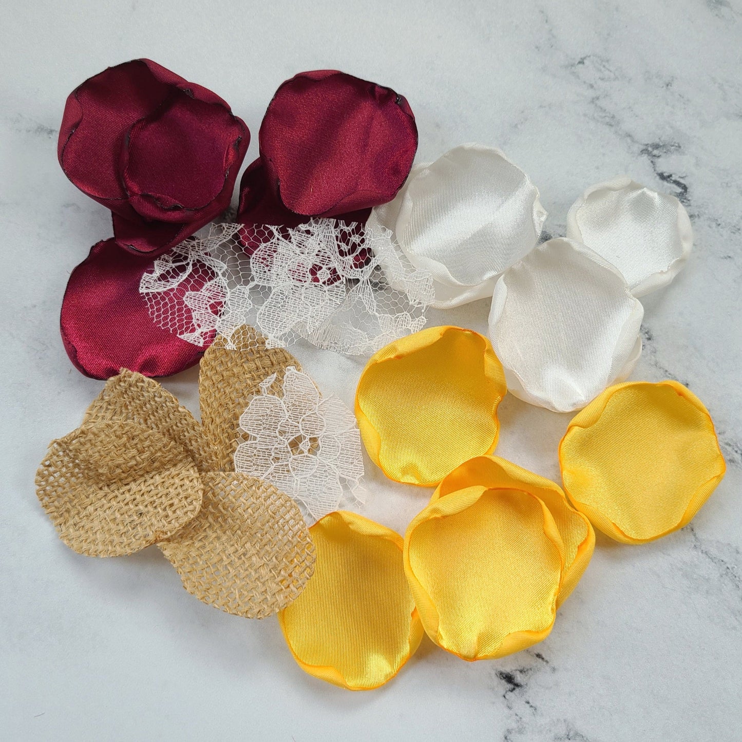 Burgundy, Lace, Burlap & Yellow Rose Petals for Sunflower Wedding Decor, Rustic Western Wedding Table Confetti, Fall wedding aisle decorations, Petals for flower girl baskets, petal patrol box, engagement props