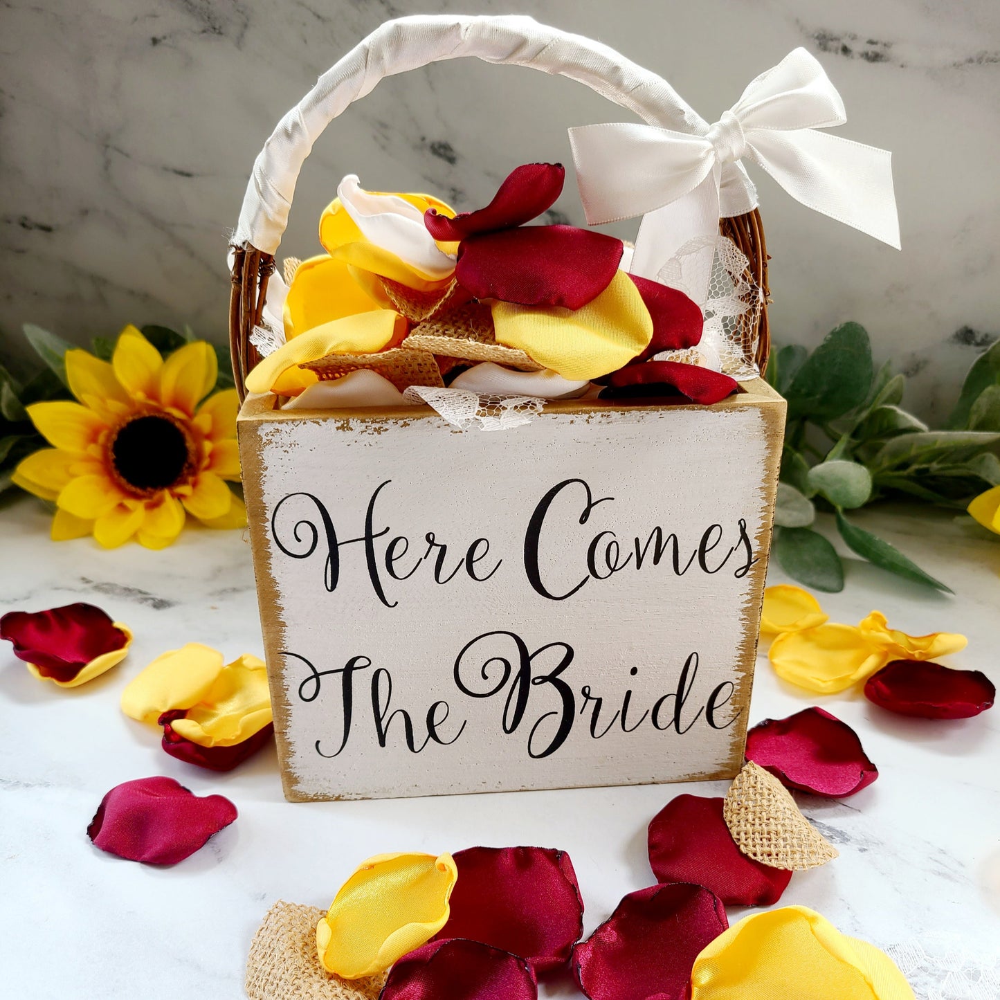 Burgundy, Lace, Burlap & Yellow Rose Petals for Sunflower Wedding Decor, Rustic Western Wedding Table Confetti, Fall wedding aisle decorations, Petals for Here Comes the Bride Rustic flower girl baskets, petal patrol box, engagement props