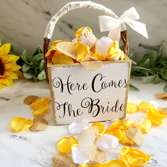 White, Lace, Burlap & Yellow rose petals for wedding decor. Flower Girl petals for Here Comes the Bride boho flower girl basket, engagement proposal prop ideas, bridesmaid box, Western, Rustic table confetti