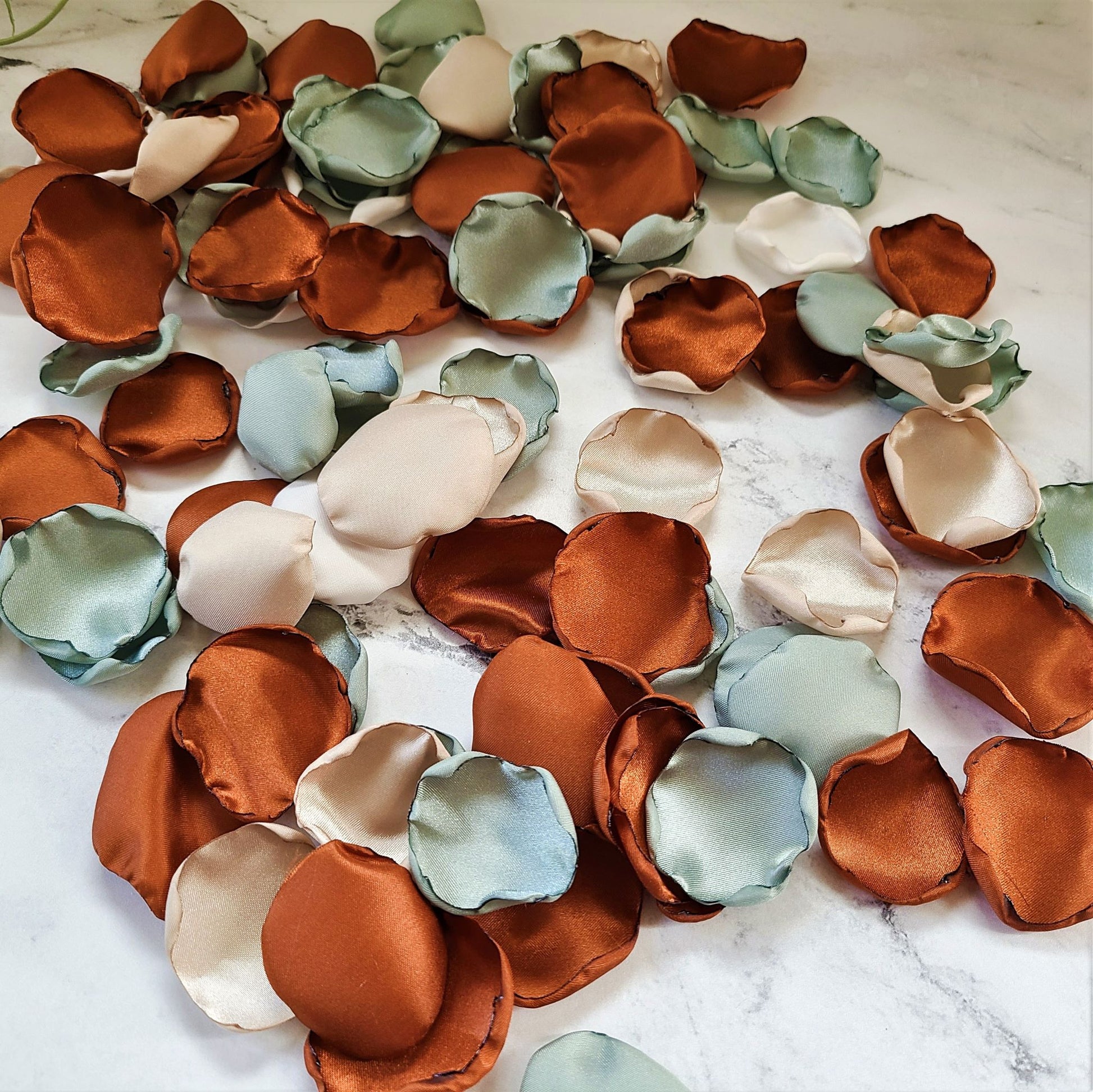 Dusty Sage, Terracotta, Beige & Ivory rose petals for a fall wedding decor theme ideas, flower girl petals, aisle decorations, table confetti, bridesmaid box, engagement backdrop proposal ideas