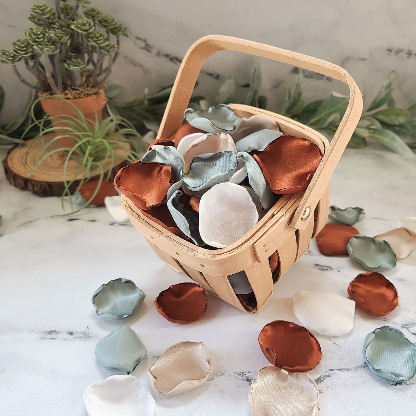 Dusty Sage, Terracotta, Beige & Ivory rose petals for a fall wedding decor theme ideas, flower girl petals, aisle decorations, table confetti, bridesmaid box, engagement backdrop proposal ideas