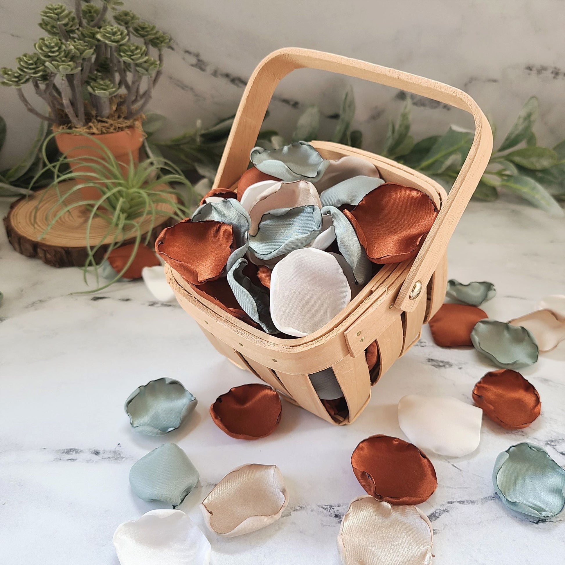 Dusty Sage, Terracotta, Beige & Ivory rose petals for a fall wedding decor theme ideas, flower girl petals, aisle decorations, table confetti, bridesmaid box, engagement backdrop proposal ideas