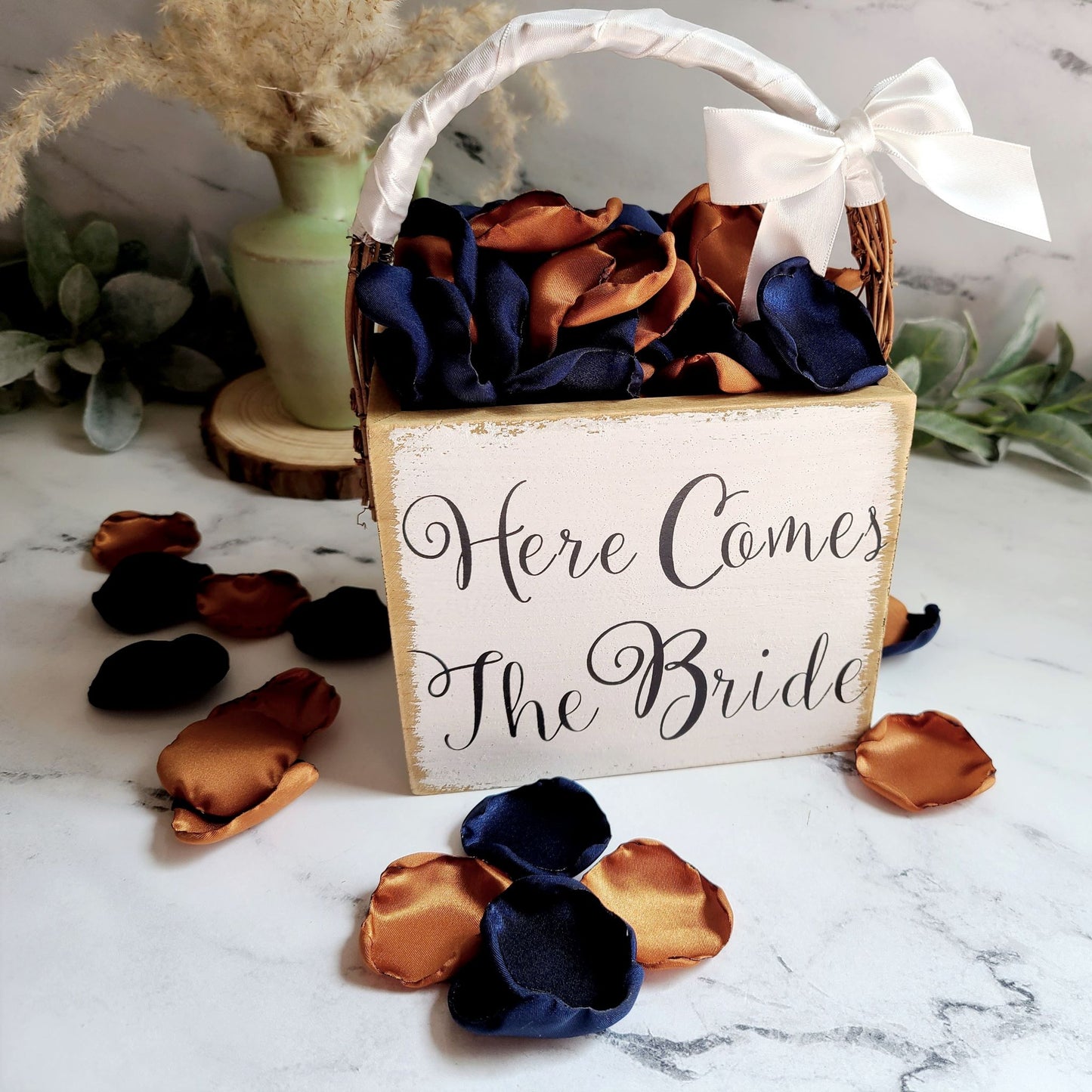 Here Comes the Bride Flower Girl Basket with Navy Blue , Copper Rose Petals