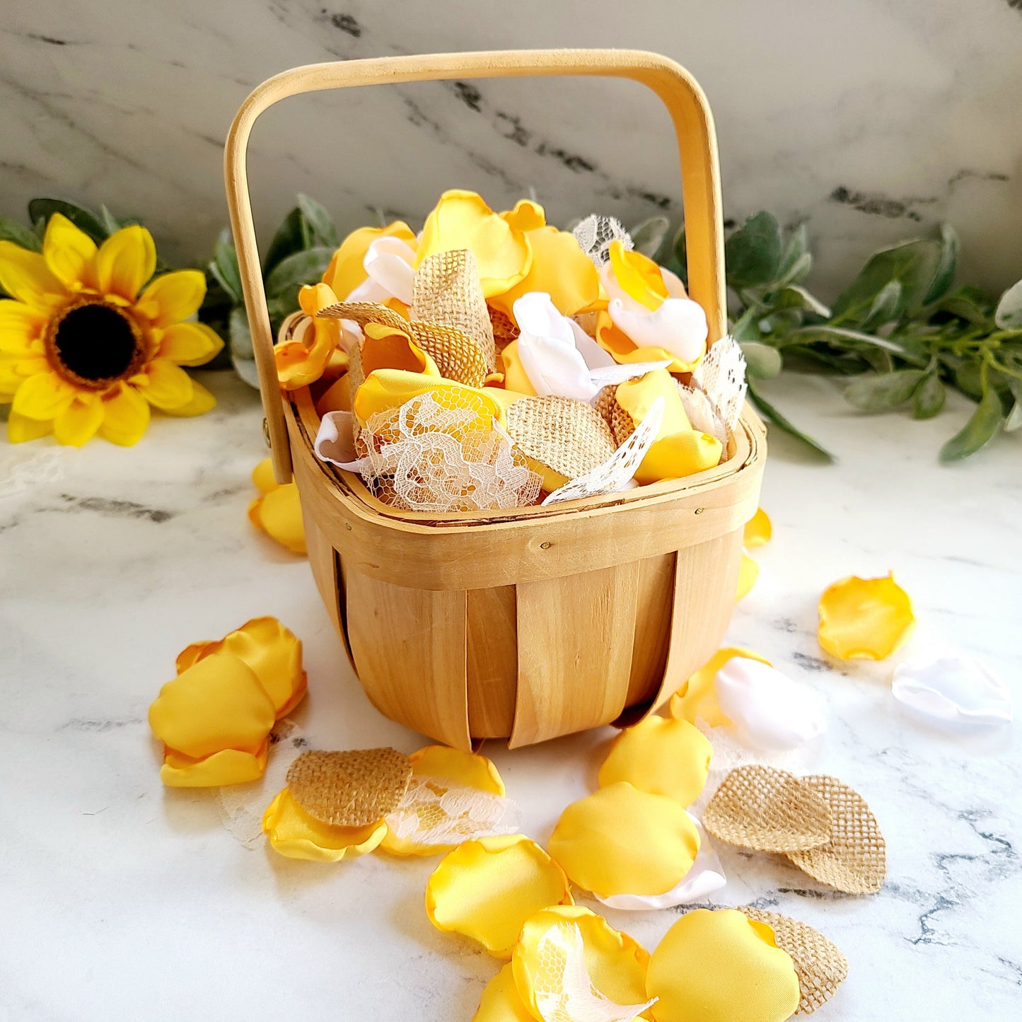 White, Lace, Burlap & Yellow rose petals for wedding decor. Flower Girl petals for baskets, engagement proposal prop ideas, bridesmaid box, Western, Rustic table confetti scatter