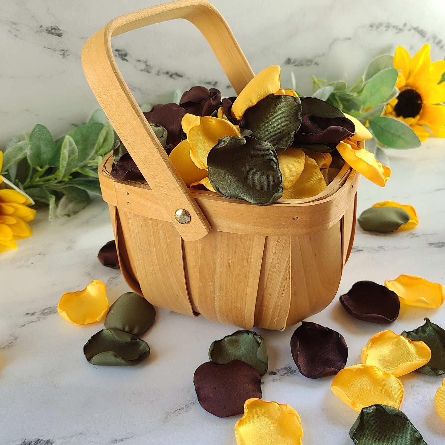Yellow, Olive Brown, Ivory rose petals for a flower girl basket, custom wedding table confetti, western, rustic, sunflower wedding decorations, flower girl box, fall wedding decor