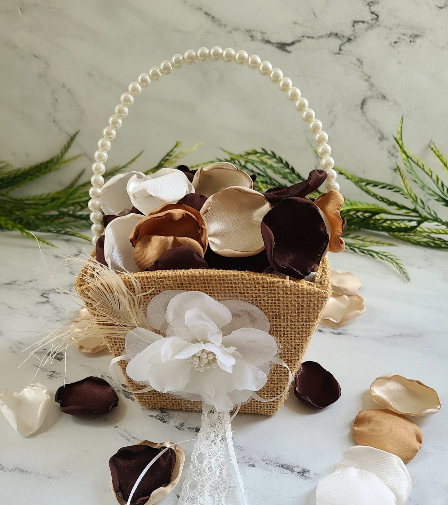 Western Wedding Ideas using Brown, Tan and Ivory Rose Petals for Table Confetti, Boho Flower Girl Basket