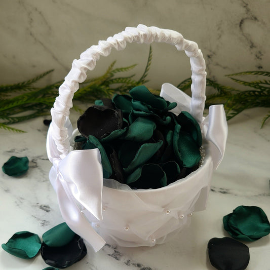 Black & Emerald Rose Petals for Fall Wedding Aisle Decor Ideas, White flower Girl Basket, confetti