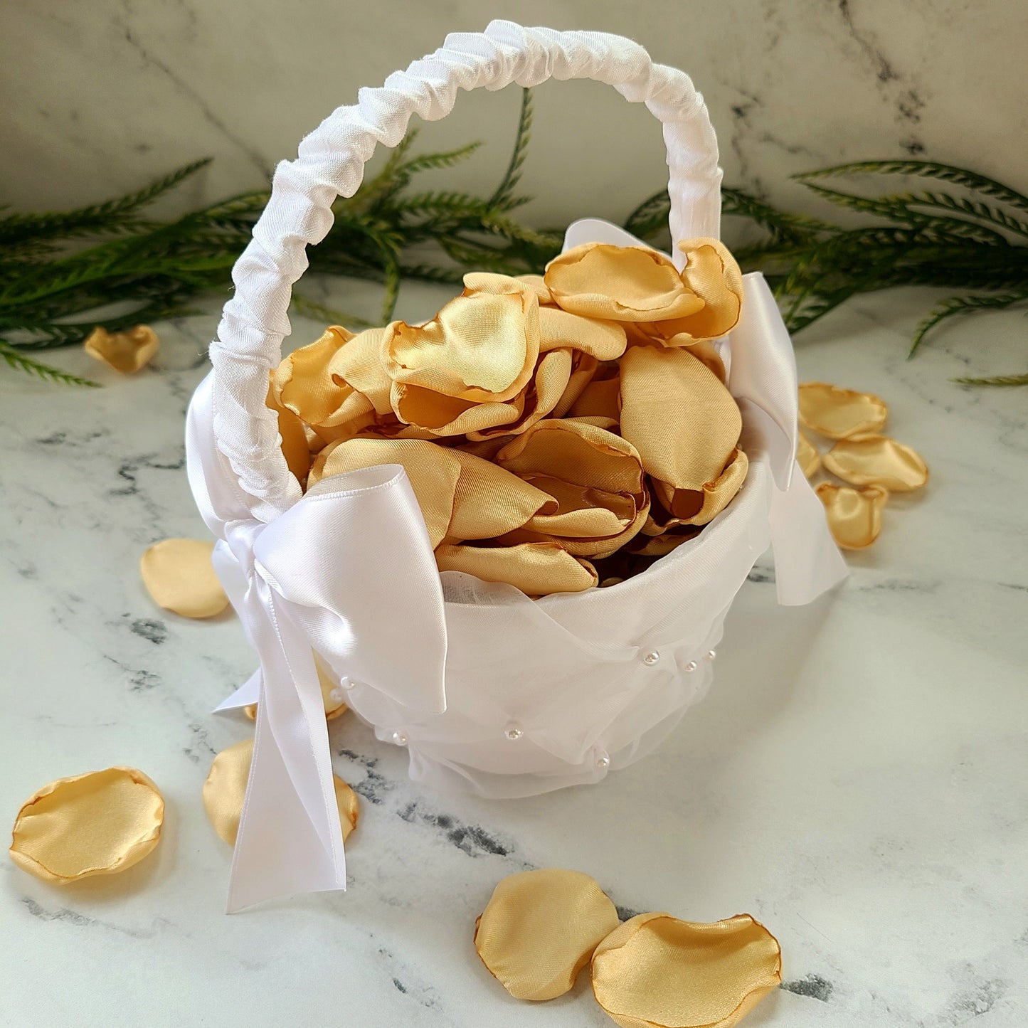 Gold Rose Petals in a White Flower Girl Basket