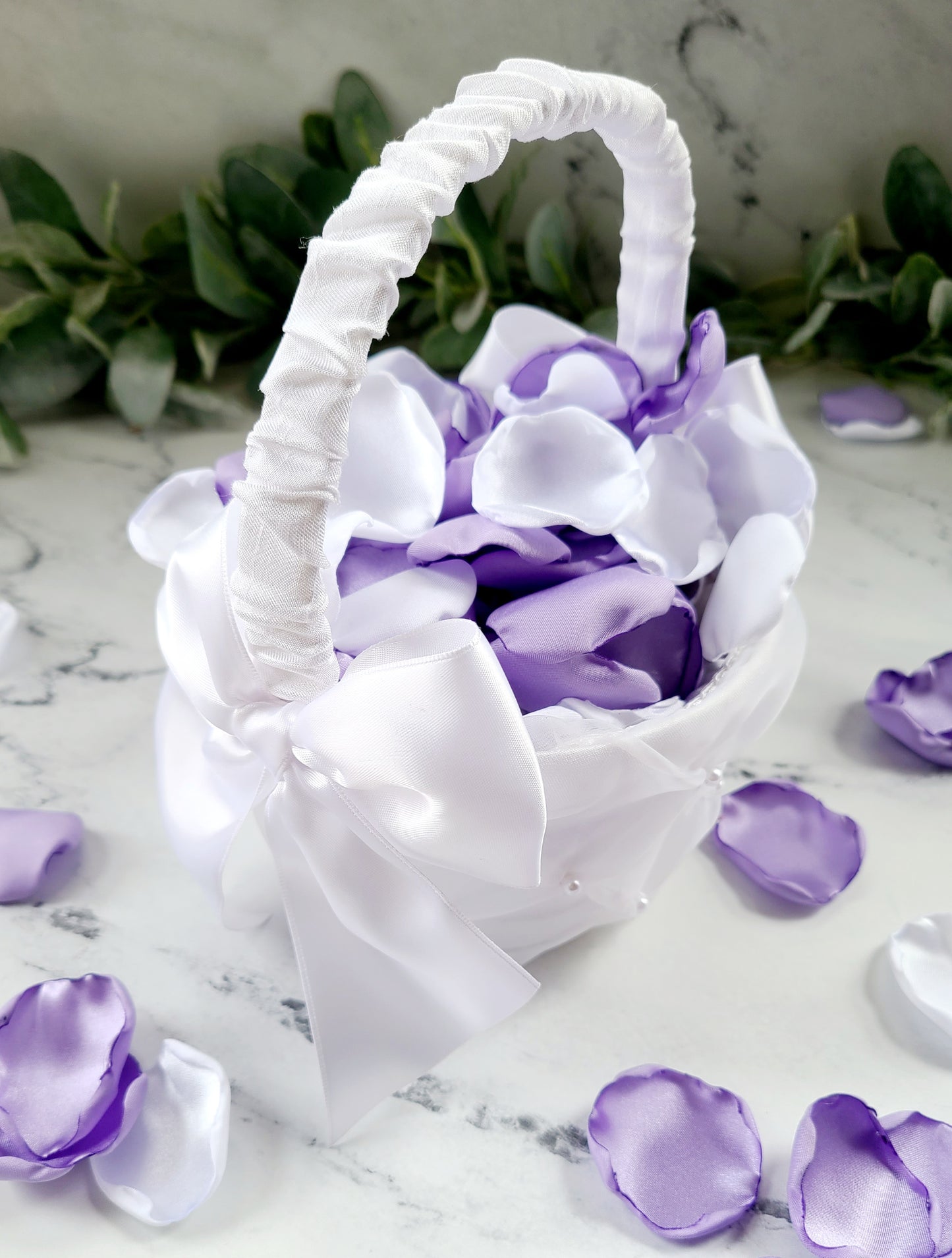Purple Lavender Rose Petals in White flower girl basket, for wedding aisle decor, flower girl petals, table confetti, marriage proposal ideas, wedding decor inspiration,