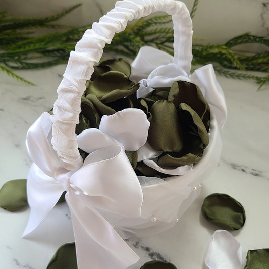 White flower girl basket filled with Moss Olive Green rose petals, engagement backdrop props, fall wedding decor, table confetti