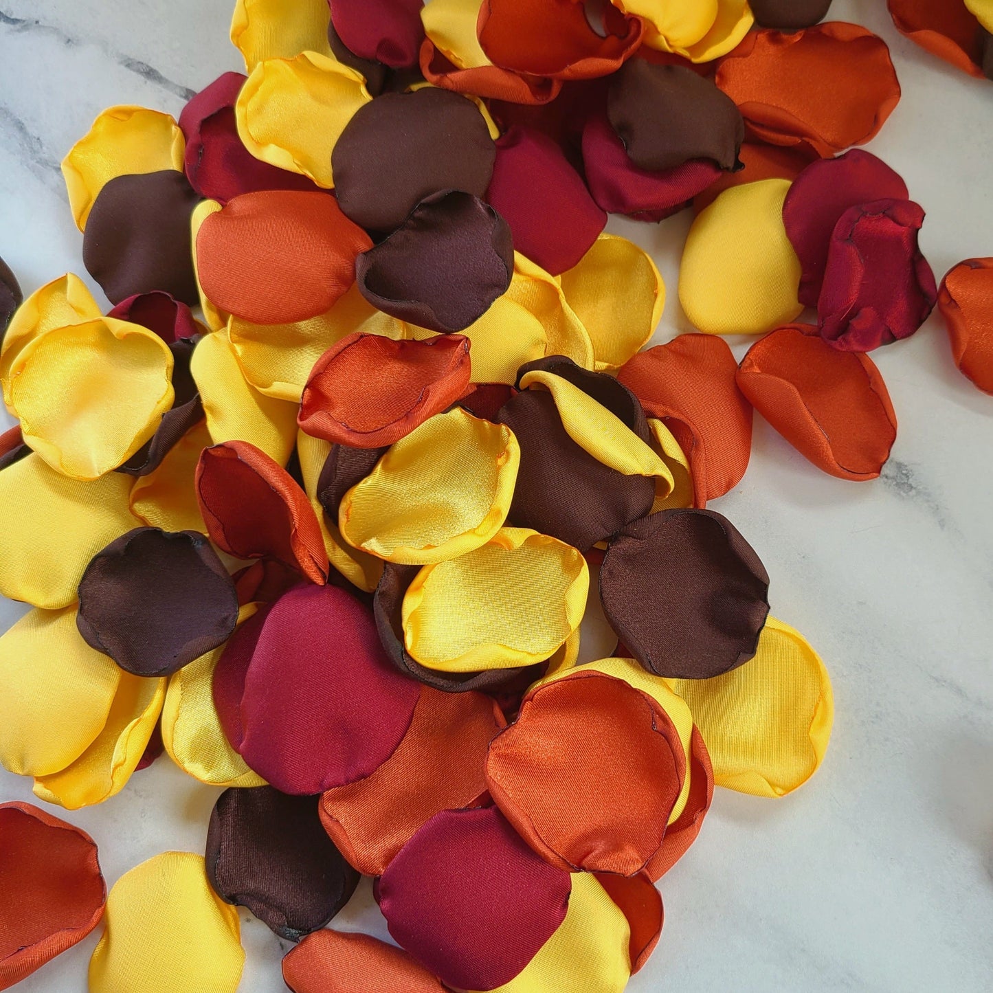 Brown, yellow, burgundy burnt orange rose petals for Western fall wedding decor. Sunflower Wedding decorations, flower girl petals for aisle decor, custom wedding confetti,