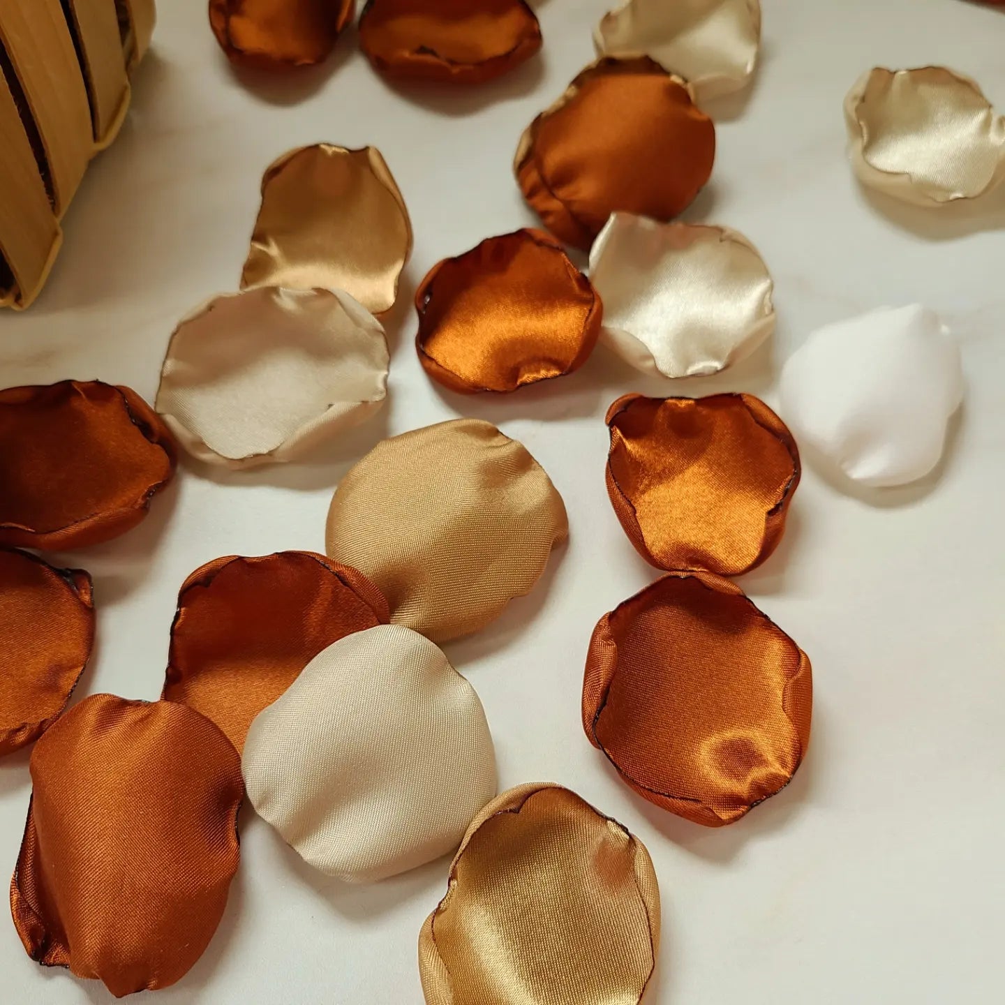 terracotta, auburn, burnt orange rose petals for flower girl toss, aisle decor, fall reception table scatter, backdrop accents or confetti. Ideas for the future bride planning a fall wedding ceremony or biridal shower event.