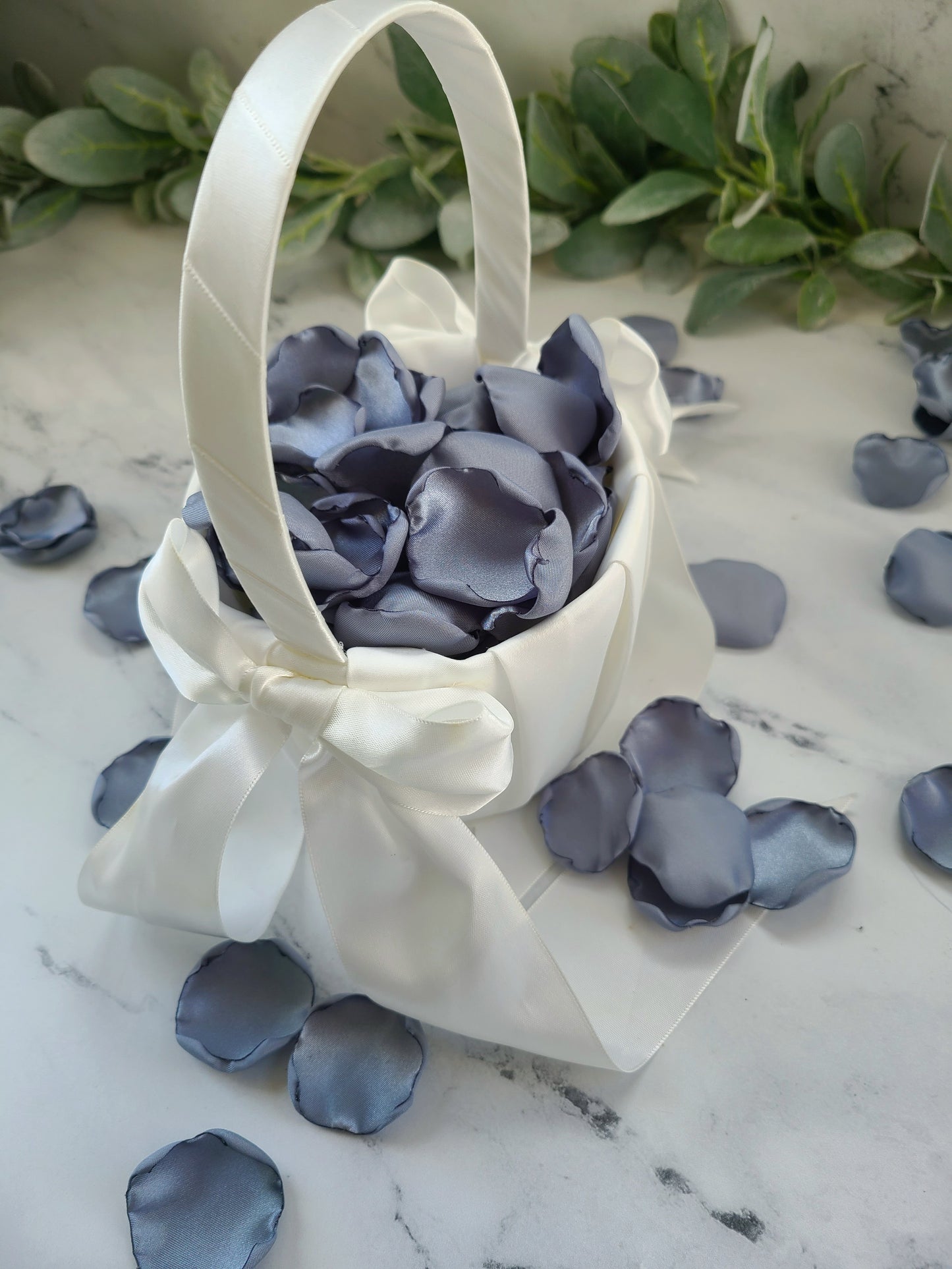 Dusty blue and ivory rose petals for wedding aisle decor, flower girl petals, table confetti scatter, western boho inspired wedding ideas