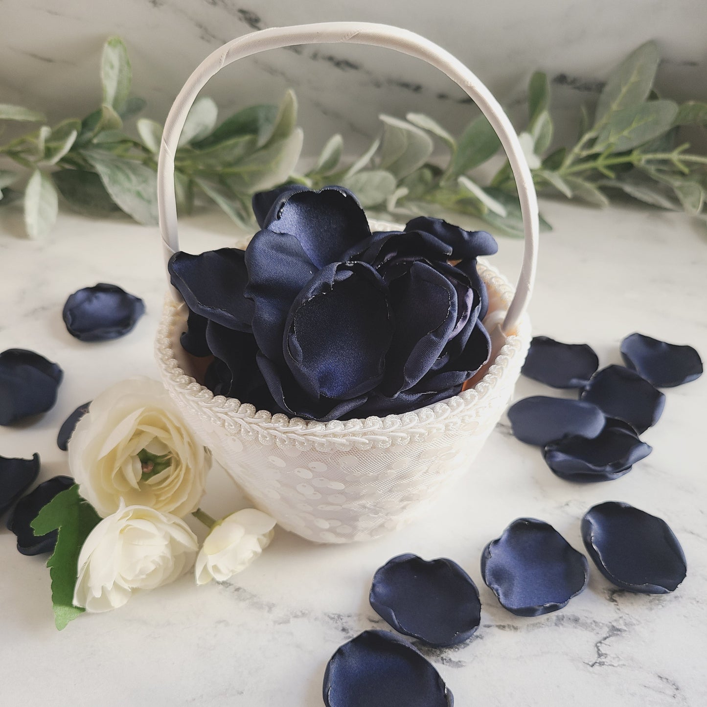 Ivory flower girl basket filled with Navy Blue & Gold rose petals for fall wedding aisle decor, flower girl petals for tossing, petal patrol box, Celestial table decorations confetti, Proposal box, engagement backdrop props, Future Mrs