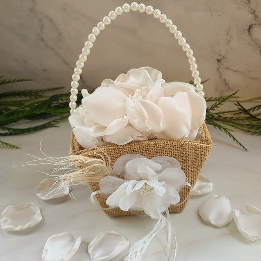 off White, Ivory Rose Petals Wedding Decor Ideas, Boho Flower Girl Basket