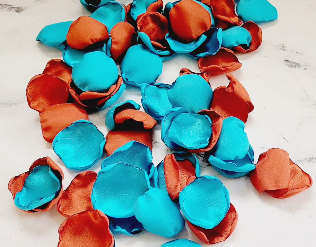 Burnt Orange and Teal Rose Petals for wedding decor and flower girl baskets, Rust and Teal western fall wedding decor rose petals , flower girl petals for a fall wedding aisle, table confetti, She Said Yes Bridal brunch decorations, Rustic engagement proposal props