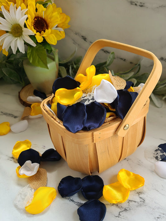 Sunflower Yellow, Burlap, Lace & Navy Rose petals for Western Boho Wedding Decor, Flower Girl Petals for table confetti, rustic basket, I Do BBQ decorations