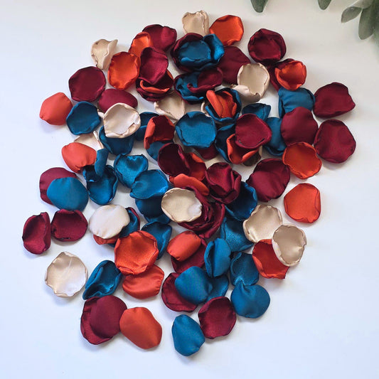 Teal, Burgundy, Burnt Orange & beige rose petals for flower girl toss, baskets, table scatter, flatlays or wedding aisle decor. Perfect for future brides planning a fall jewel toned wedding, or a She's tying the Knot bridal shower event. 