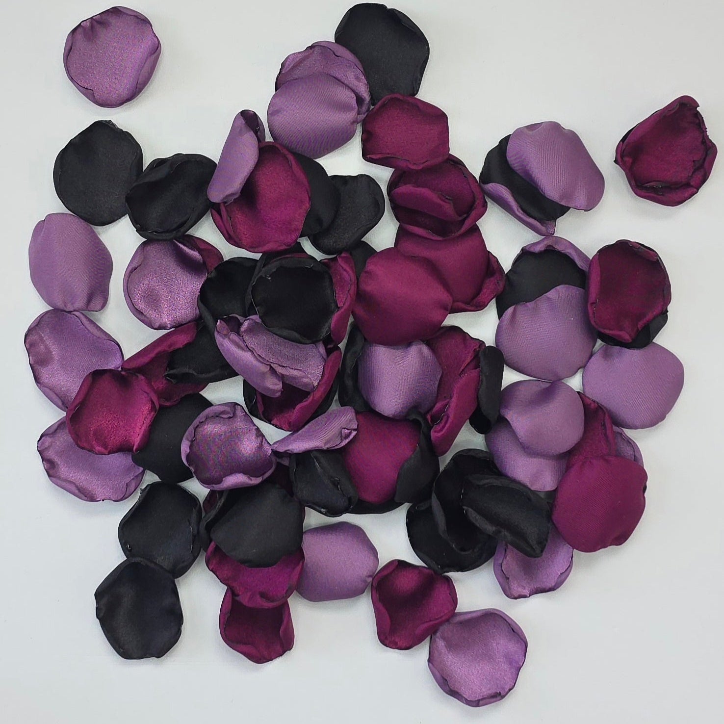 Fig, Plum, mulberry, black and Wisteria Purple rose petals. For flower girl tossing, baskets, church pew, aisle decor, flatlays, table scatter, reception table decorations. A fall color palette for a future bride planning a celestial themed wedding or nautical bridal shower event.