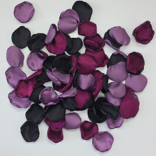 Fig, Plum, mulberry, black and Wisteria Purple rose petals. For flower girl tossing, baskets, church pew, aisle decor, flatlays, table scatter, reception table decorations. A fall color palette for a future bride planning a celestial themed wedding or nautical bridal shower event.