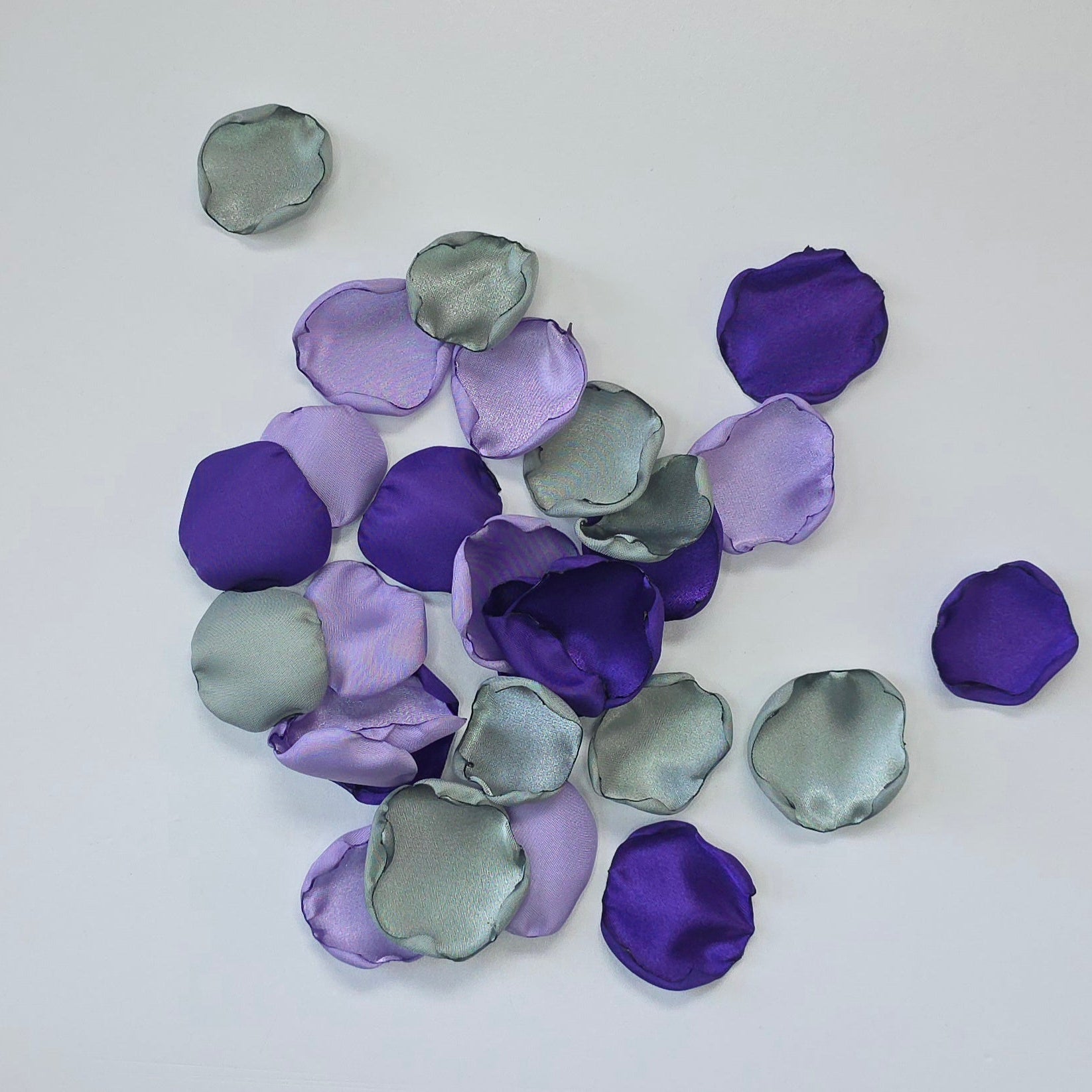 Purple Lavender Sage rose petals for flower girl baskets, tossing, aisle decor, flatlays, table scatter, reception tablescapes and backdrop accents. Color palette for brides planning a whimsical wedding ceremony or wildflower bridal shower decor. 