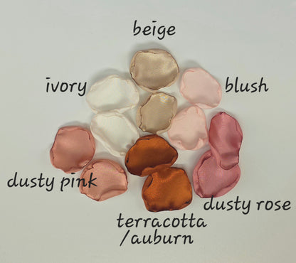Auburn, burnt orange, beige, blush pink rose petals for flower girl tossing, aisle decor, flatlays, backdrop accents or tablescape table scatter, decor ideas. A fall color palette for the future bride planning a western, rustic wedding ceremony or natural, nuetral colored bridal shower event