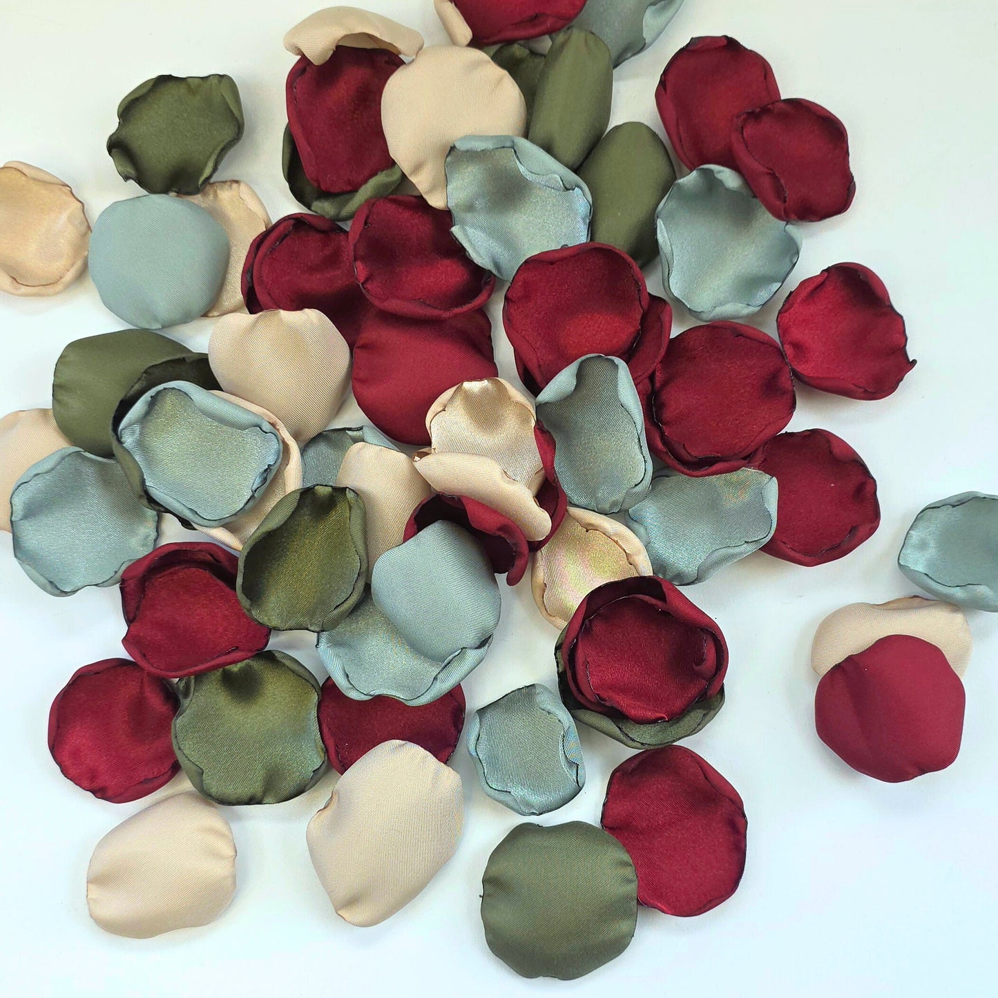 Burgundy, Olive, Beige, Sage Rose Petals for flower girl toss, aisle decor, tablescapes accents. Ideas for future bride planning a fall wedding ceremony or bridal shower event.