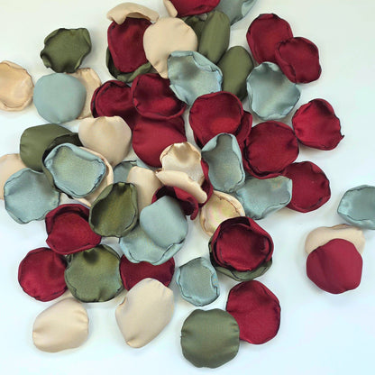 Burgundy, Olive, Beige, Sage Rose Petals for flower girl toss, aisle decor, tablescapes accents. Ideas for future bride planning a fall wedding ceremony or bridal shower event.