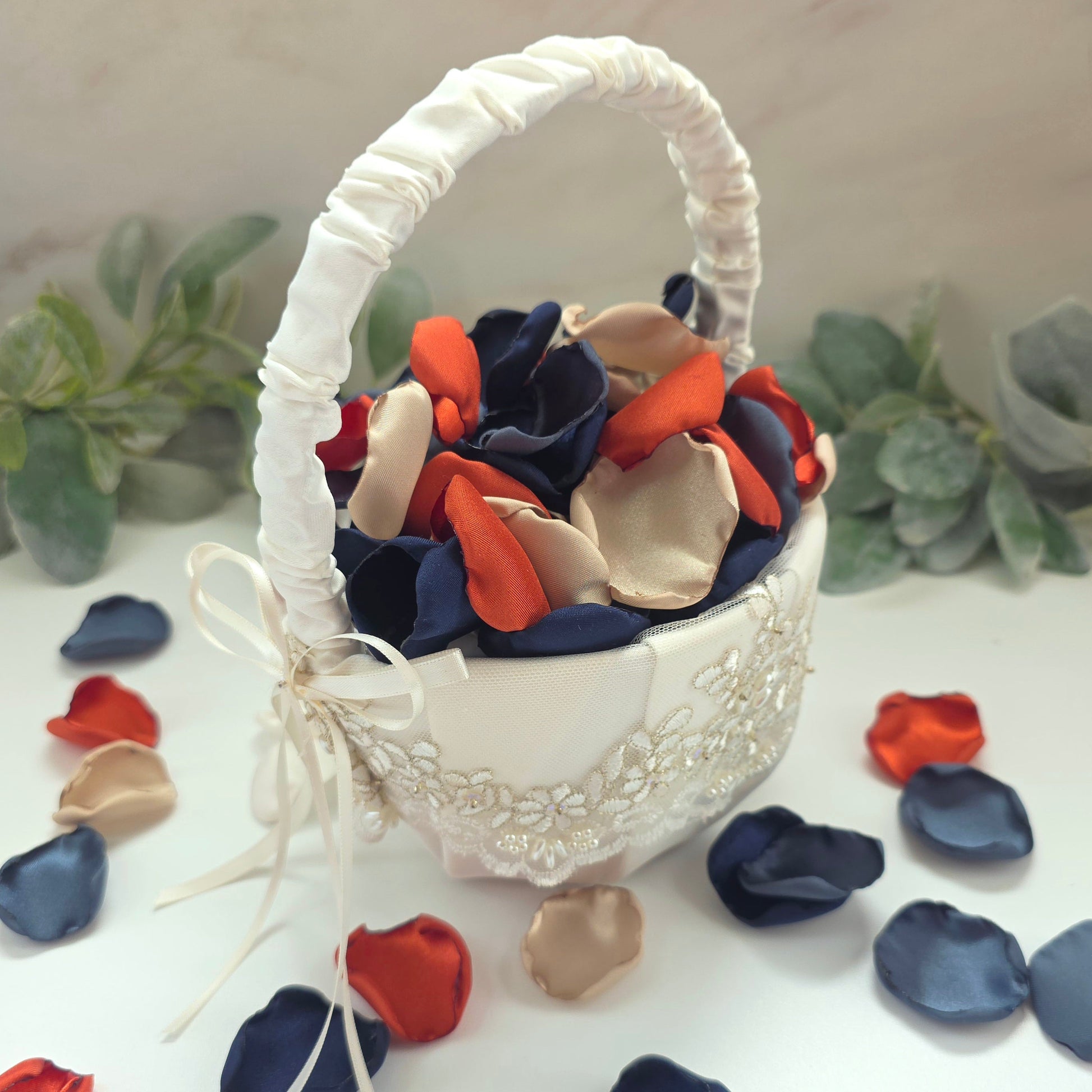 Burnt Orange and Navy blue rose petals in flower girl basket or for flower girl toss, western wedding aisle decor, fall wedding decorations, Perfect for confetti scatter, reception tablescapes, ceremony backdrop accents. Future bride color palette ideas.