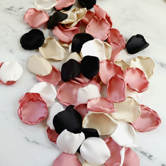 Black, Ivory, Beige, & Dusty Pink Rose Petals for a Boho Wedding Theme, flower girl basket and table confetti.