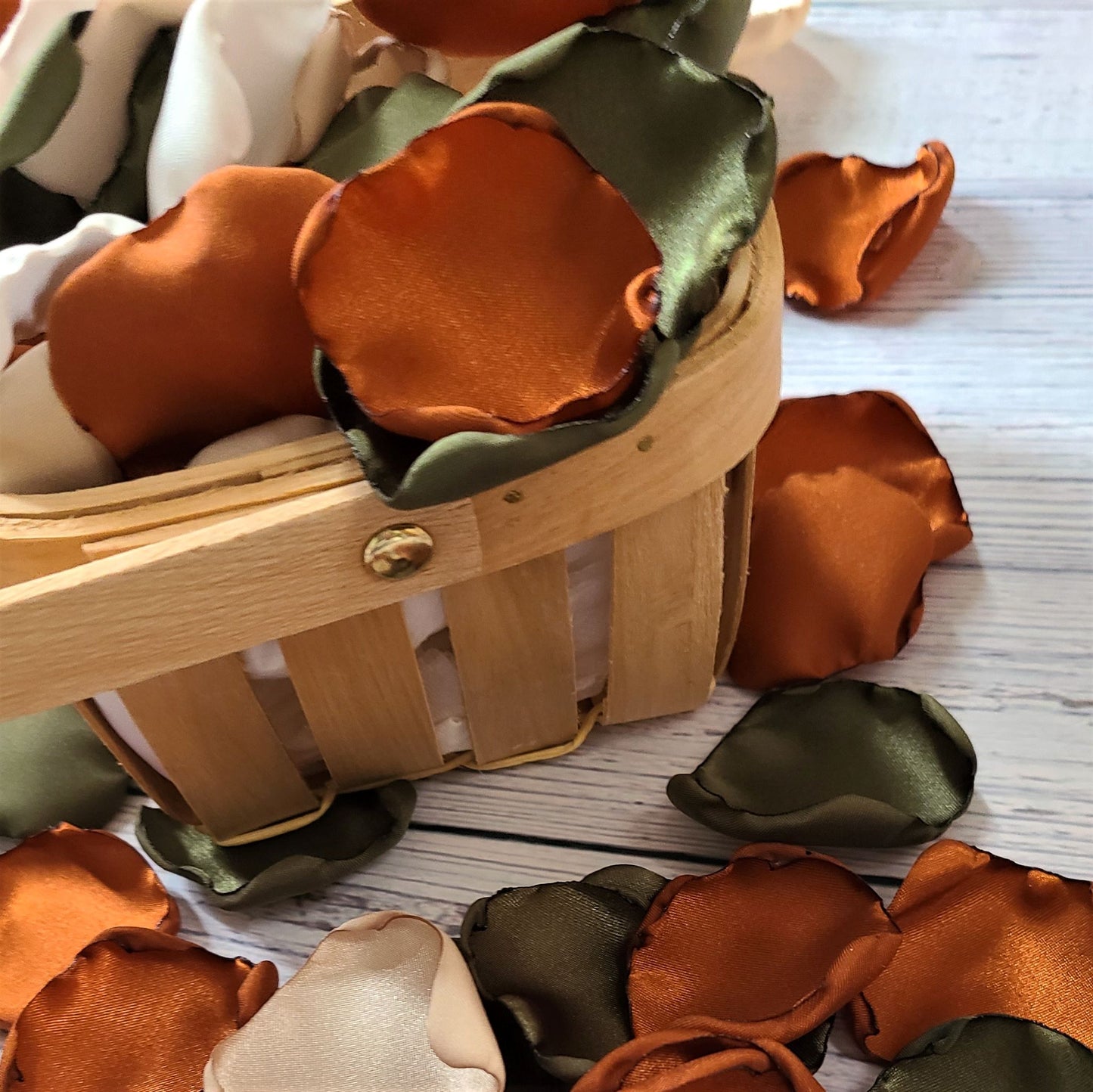 Olive green, terracotta, burnt orange, ivory and beige rose petals for flower girl basket. fall wedding aisle decor, alter backdrop, confetti scatter, rustic, boho wedding decor