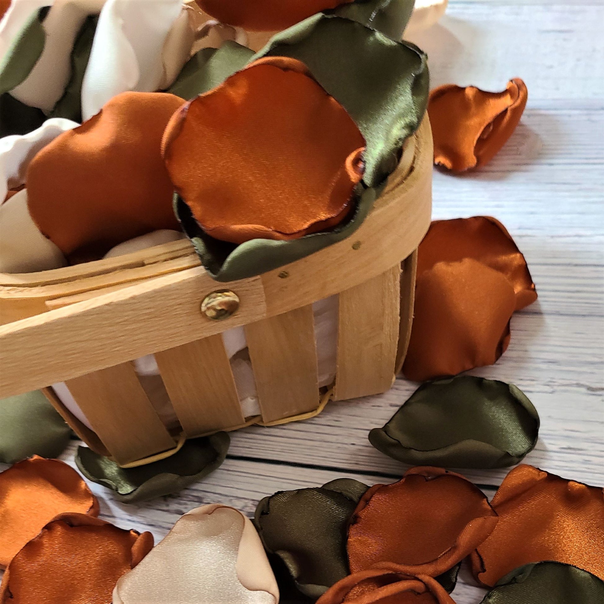 Olive green, terracotta, burnt orange, ivory and beige rose petals for flower girl basket. fall wedding aisle decor, alter backdrop, confetti scatter, rustic, boho wedding decor