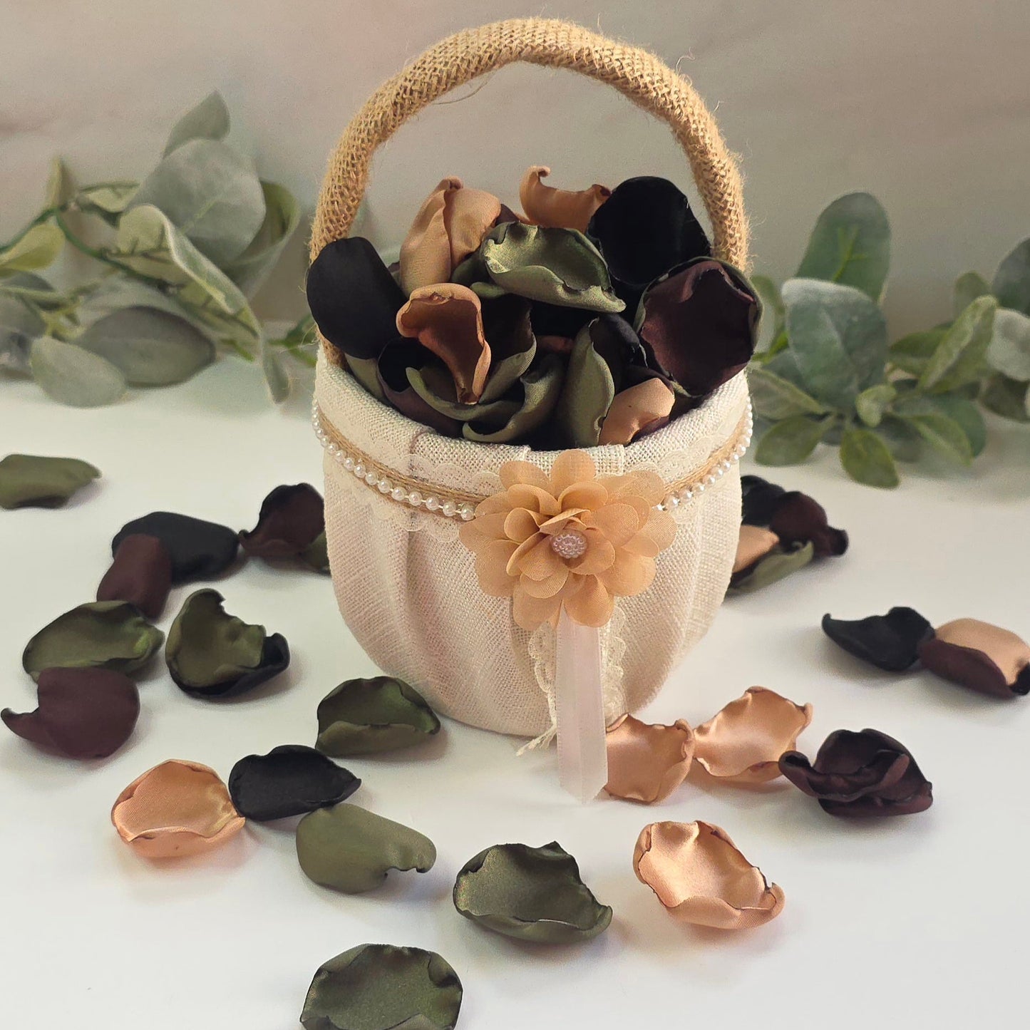 Olive, Tan, Brown and Black Rose petals in a boho burlap flower girl basket for Western, County or Hunting Themed Wedding. Perfect for flower girl toss, wedding aisle decor, cake or reception table scatter, backdrop photo accents. For future brides planning a hunting themed wedding or camo inspired bridal shower event 